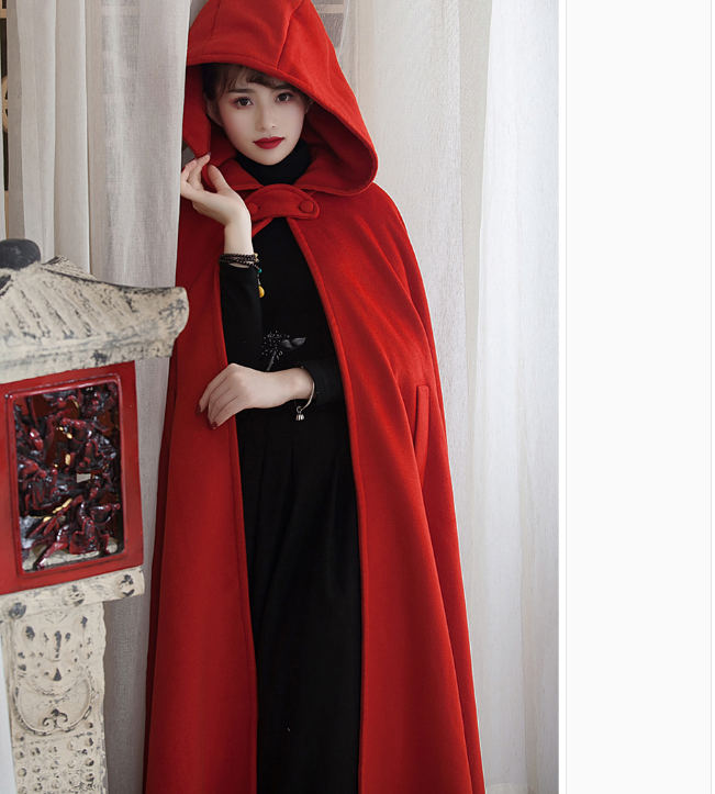 Winter Wool Women Coat Cloak Long Warm Hooded Woolen Coat Cape