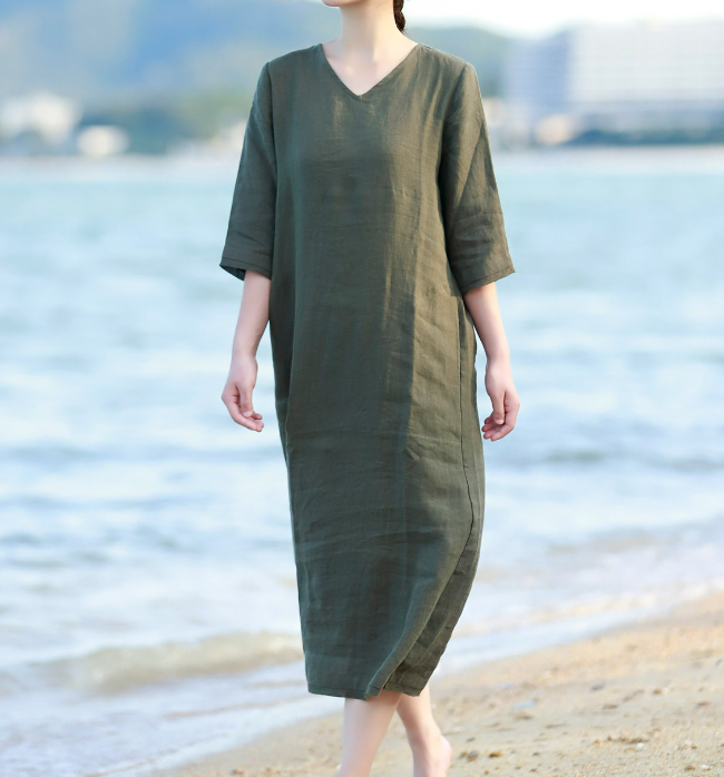 V Neck Soft Linen Dresses Summer long Washed Women Linen Dress 9221 –  SimpleLinenLife