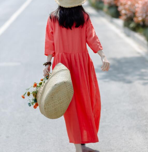 Pleated Pink Linen Women Dresses Pleated Spring Maxi Dresses D9504