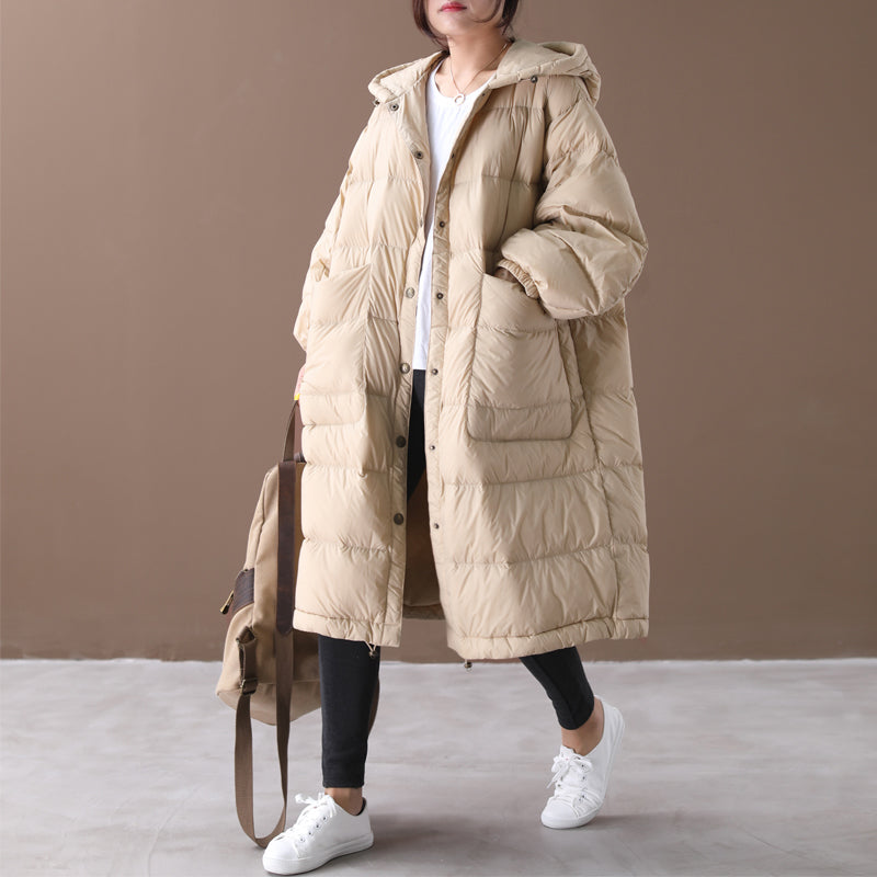 Loose large size large pockets sleeve hooded down jacket