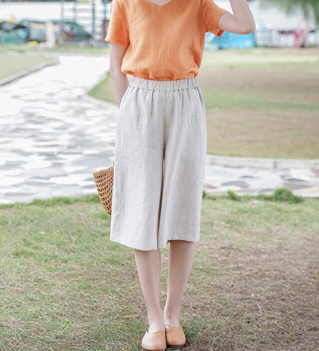 Khaki Short Summer Pants Loose Linen Wide Leg Women Casual Pants