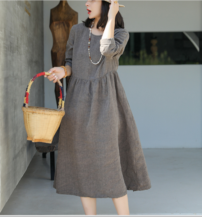 STONE Fleur Dress, Pure Linen Dress, Loose Fit Style, Linen Dress, Floral  Linen, Italian Linen, Natural Linen Clothing, Linen, Grey Dress 