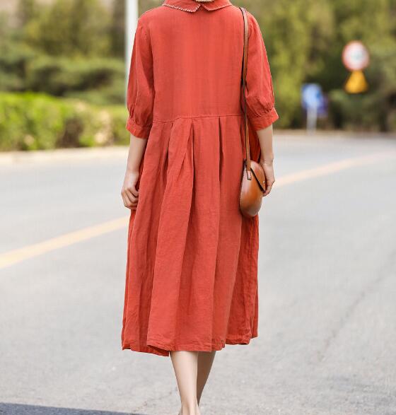 Loose Style Cotton Linen Dresses Women Long Dresses Short Sleeve