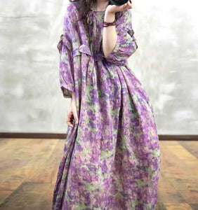 Summer Stylish Lantern Sleeve Color-Block Rose Print Ramie Dress/1211