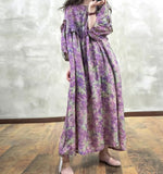 Summer Stylish Lantern Sleeve Color-Block Rose Print Ramie Dress/1211