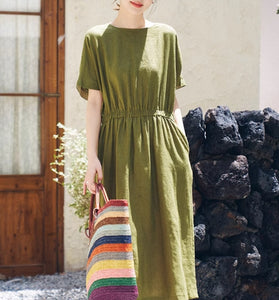 Army Green Summer Women's Linen Dress/9986