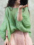 Green Ruffle Long Sleeve Women Linen Tops 6277