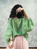 Green Ruffle Long Sleeve Women Linen Tops 6277