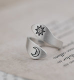 925 Sterling Silver Vintage Simple Open Ring Artistic Sun and Moon Cross-border Silver Jewelry Women's Ring