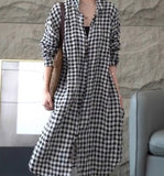 Checkered Long Sleeve Linen Shirt Dress/9939