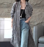 Checkered Long Sleeve Linen Shirt Dress/9939