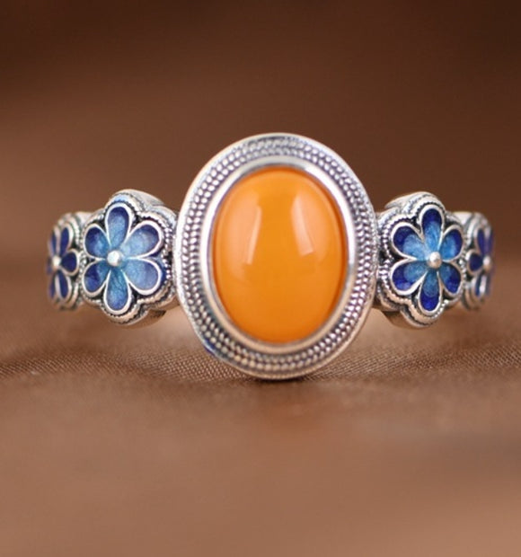 Artistic Cloisonné Flower Silver Ring Inlaid Amber Adjustable Ring,Anniversary Ring Wedding Ring  0035