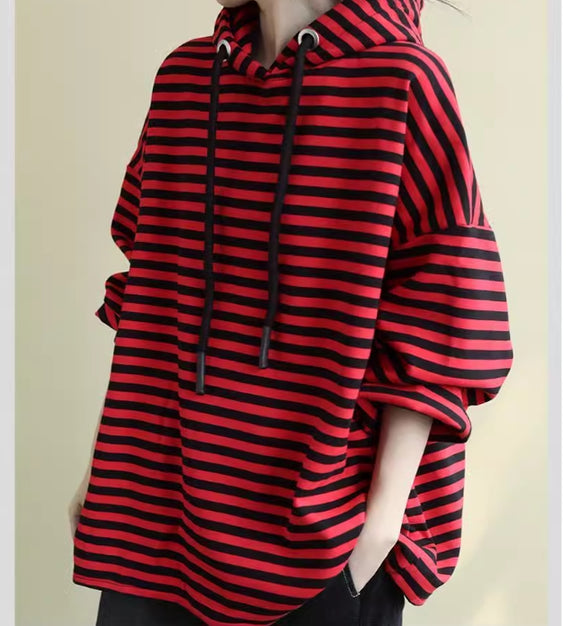 Loose Fit Long Sleeve Striped Hoodie, Casual Fleece Lined Sweatshirt Fall Winter TOPS 9950