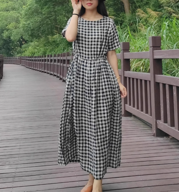 Black Gingham Midi Dress with Waist Tie, A-Line Long Dress 6632