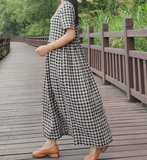 Black Gingham Midi Dress with Waist Tie, A-Line Long Dress 6632