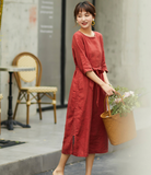 Red Women Dresses Short Sleeve Casual Summer Linen Women Dresses SJ97215