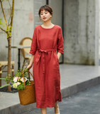 Red Women Dresses Short Sleeve Casual Summer Linen Women Dresses SJ97215