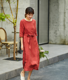 Red Women Dresses Short Sleeve Casual Summer Linen Women Dresses SJ97215