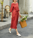 Red Women Dresses Short Sleeve Casual Summer Linen Women Dresses SJ97215