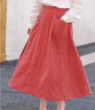 Red Women's Skirts Summer Linen Skirt Elastic Waist SJ09755