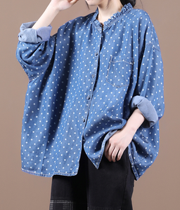 Washed Denim Blue Dot Women Spring Casual Coat Loose Plus Size  Coat Jacket