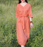 V Neck Women Dresses Casual Summer Linen Women Dresses SJ97215