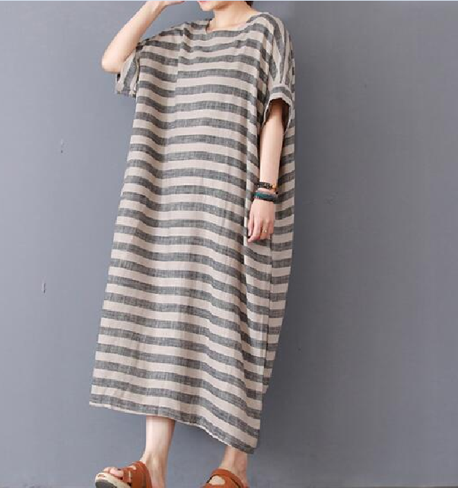 Stripe Cotton Linen Dresses Women Long Dresses Short Sleeve ...