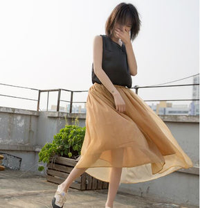 Yellow-Women's-Skirts-Summer-Organza-Skirt-Elastic-Waist