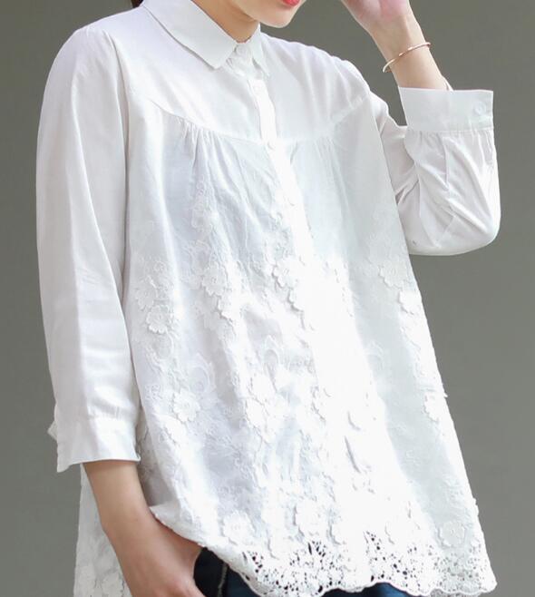 Spring White Lace Vinestone Blouse For Women Plus Size Long Sleeve