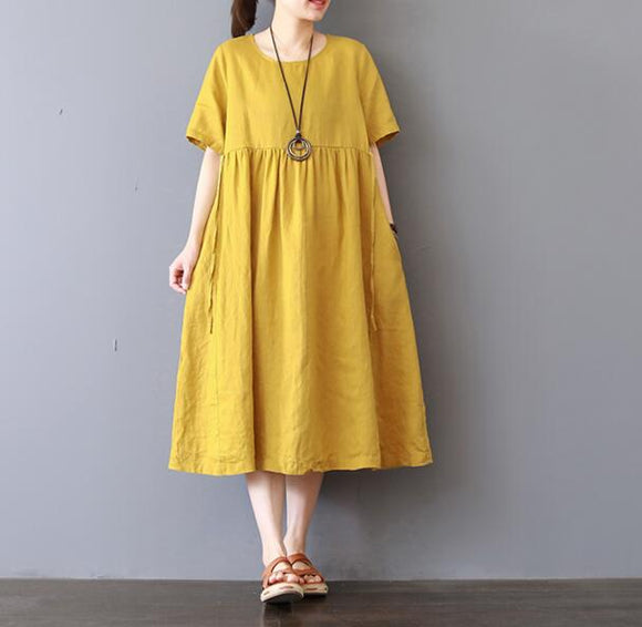 Loose Style Cotton Linen Dresses Women Long Dresses Short Sleeve –  SimpleLinenLife