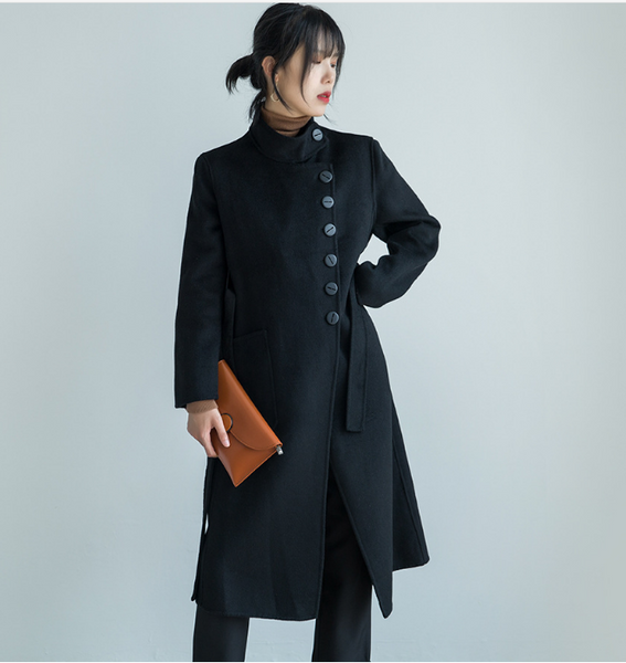 Stand Collar Black Women Cashmere Coat Winter Black Long Wool Jacket SimpleLinenLife