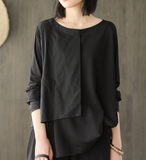 Black Patchwork Long Sleeves Loose Style T-Shirts Spring Tops H9508