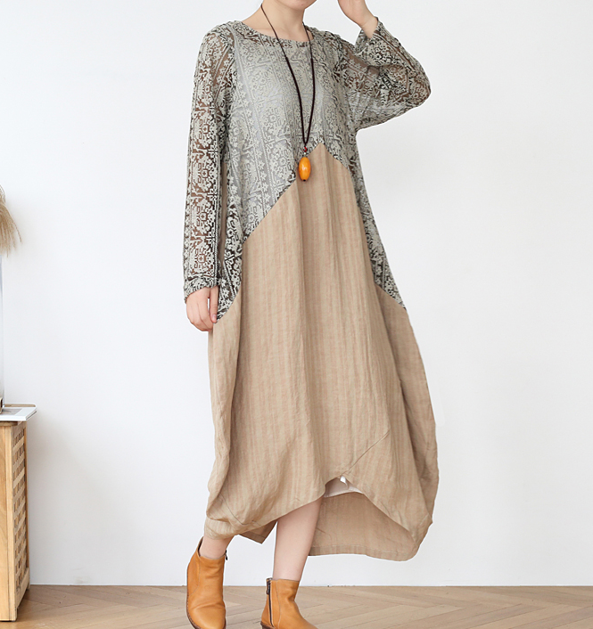 Patchwork Embroidery Long Linen Women Spring Dresses Plus Size AMT9623 ...