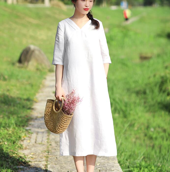 White Pleated Neck Women Dresses Casual Summer Linen Women Dresses Hal ...