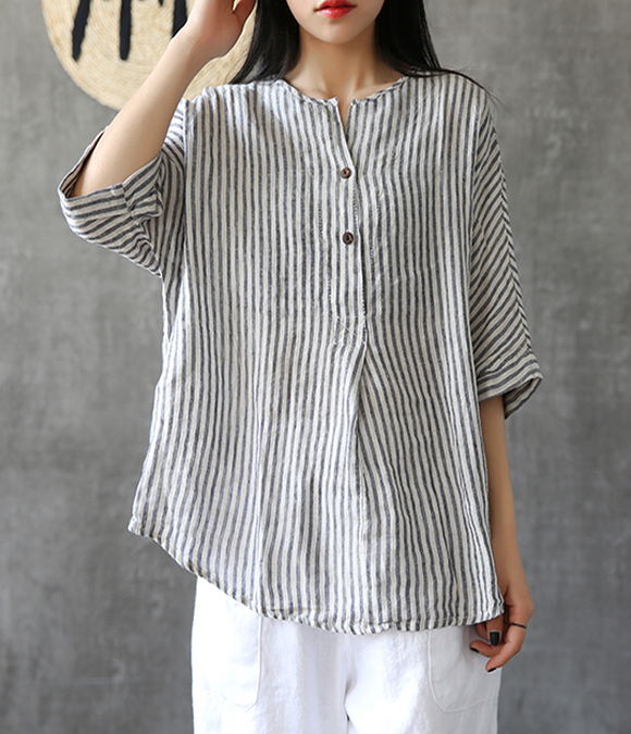 Stripes Summer Women Casual Blouse Cotton Linen Shirts Women Tops DZA2 ...