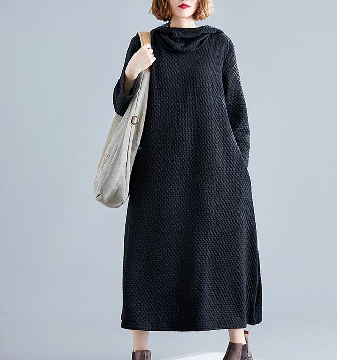 Hooded Women Linen Cotton Padded Loose Dresses Long Sleeve Women Dress ...