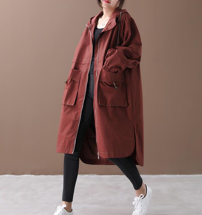 Side Slit Loose Spring Women Casual Coat Hooded Trench Coat Plus Size ...