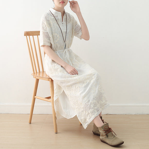 Short Sleeve White Maxi Linen Dress for Women, Summer Cotton Linen